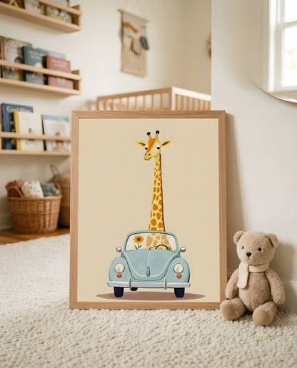Nursery Giraffe Vintage Car Retro Illustration Printable Wall Art — leaning against a wall in a minimal clean setting