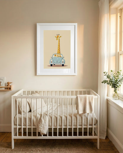 Nursery Giraffe Vintage Car Retro Illustration Printable Wall Art — framed above a crib in a softly lit nursery
