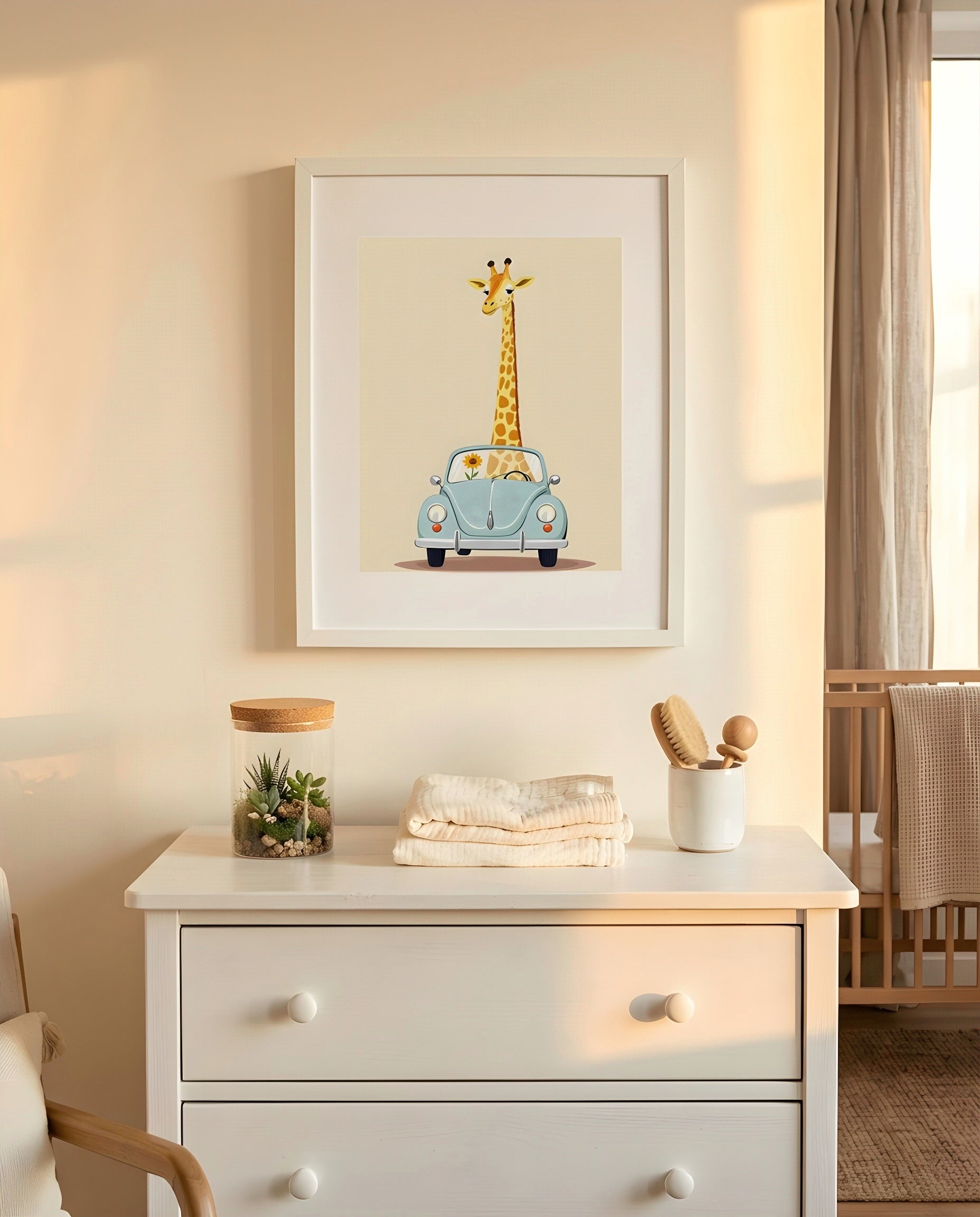 Nursery Giraffe Vintage Car Retro Illustration Printable Wall Art — hung above a dresser on a warm-toned wall