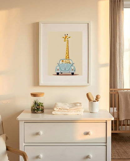 Nursery Giraffe Vintage Car Retro Illustration Printable Wall Art — hung above a dresser on a warm-toned wall