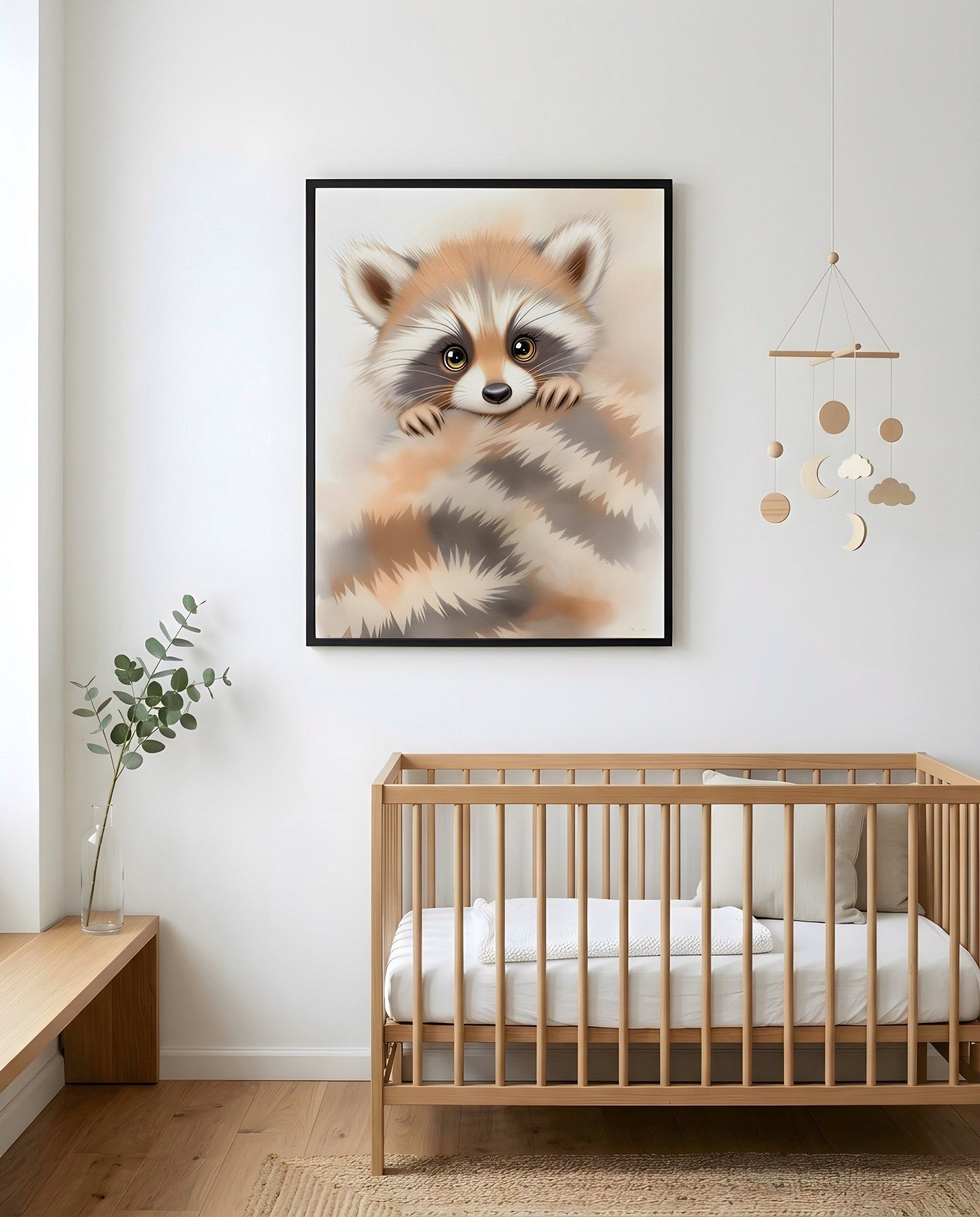 Nursery Minimal Raccoon Watercolor Printable Wall Art — framed in white on a neutral wall