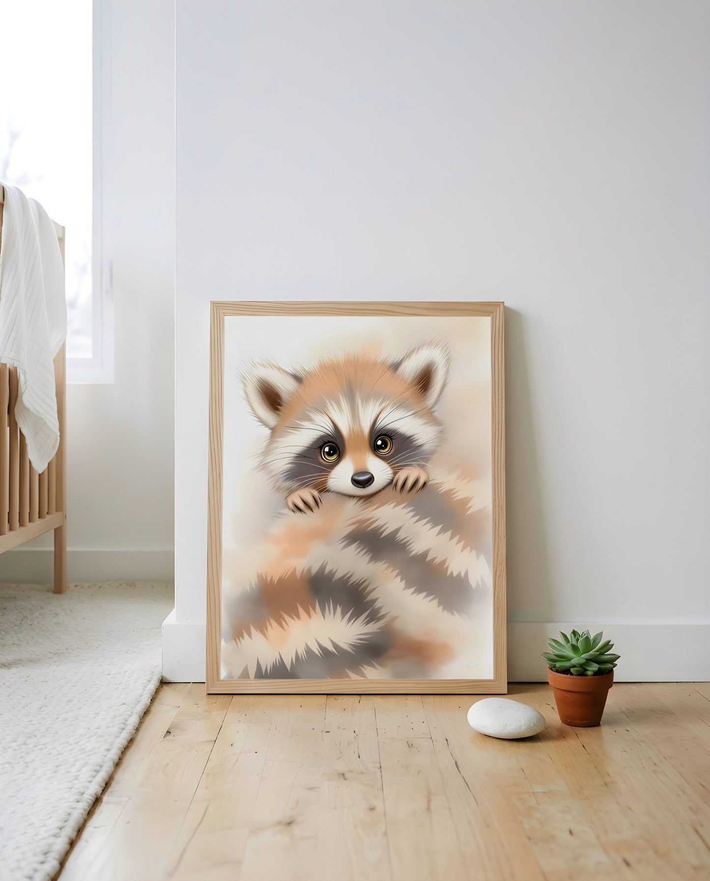 Nursery Minimal Raccoon Watercolor Printable Wall Art — leaning against a wall in a styled setting