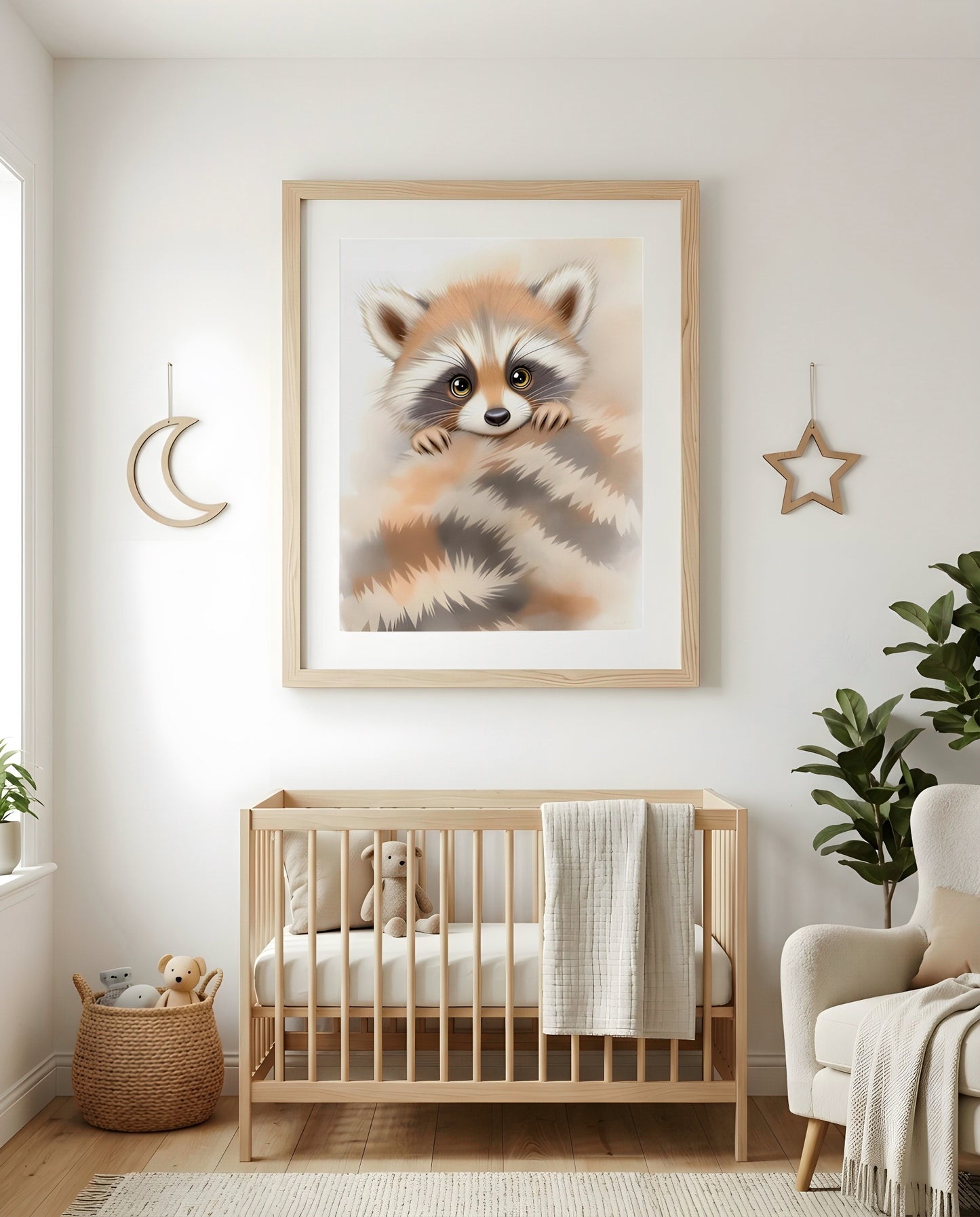 Nursery Minimal Raccoon Watercolor Printable Wall Art — as part of a gallery wall arrangement