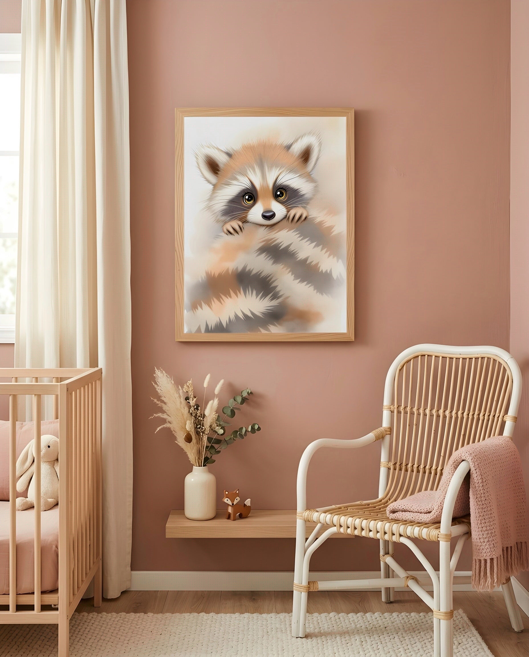 Nursery Minimal Raccoon Watercolor Printable Wall Art — displayed in a styled room corner