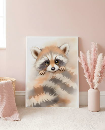 Nursery Minimal Raccoon Watercolor Printable Wall Art — leaning against a light wall in a styled setting