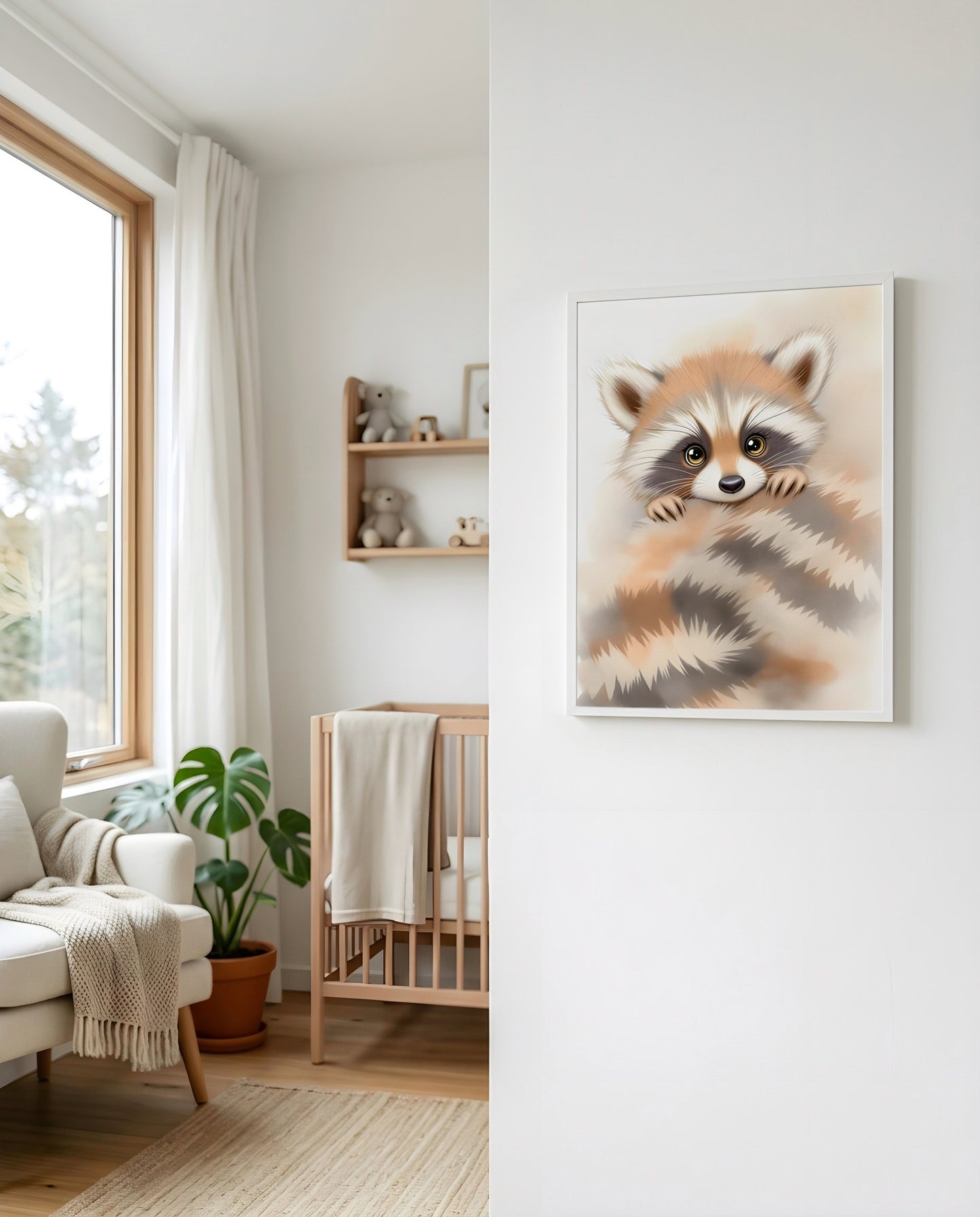 Nursery Minimal Raccoon Watercolor Printable Wall Art — displayed beside a window in warm natural light