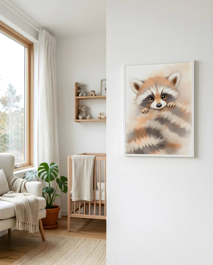 Nursery Minimal Raccoon Watercolor Printable Wall Art — displayed beside a window in warm natural light