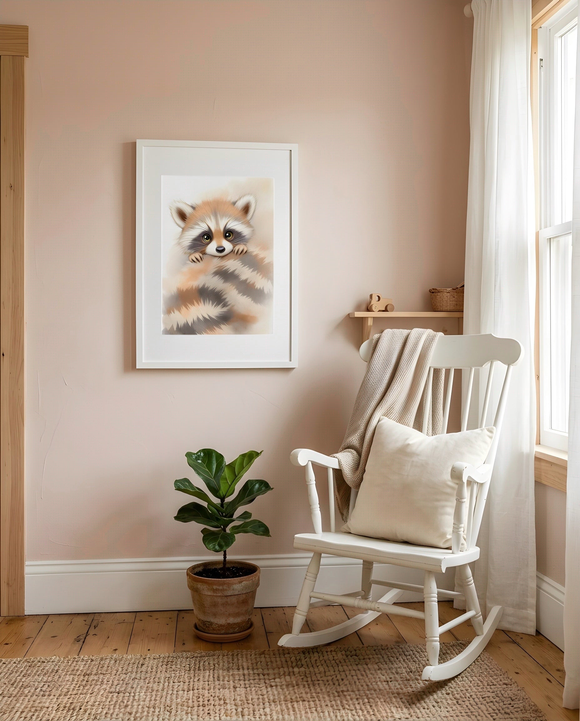 Nursery Minimal Raccoon Watercolor Printable Wall Art — displayed in a styled room corner