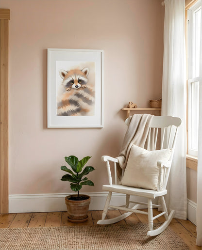Nursery Minimal Raccoon Watercolor Printable Wall Art — displayed in a styled room corner
