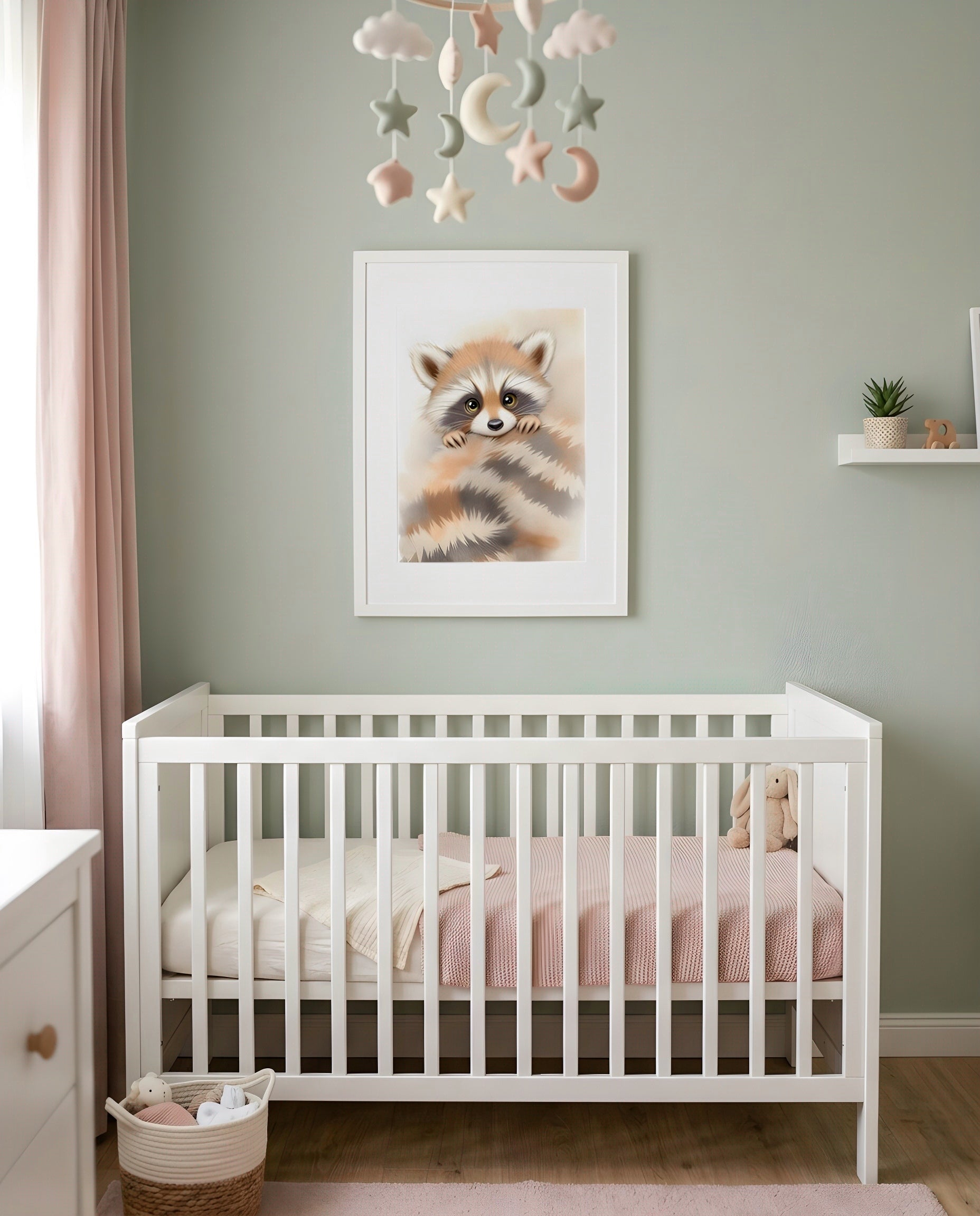 Nursery Minimal Raccoon Watercolor Printable Wall Art — framed above a crib in a softly lit nursery