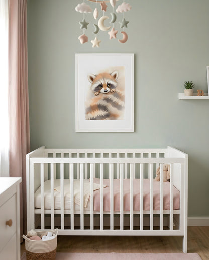 Nursery Minimal Raccoon Watercolor Printable Wall Art — framed above a crib in a softly lit nursery