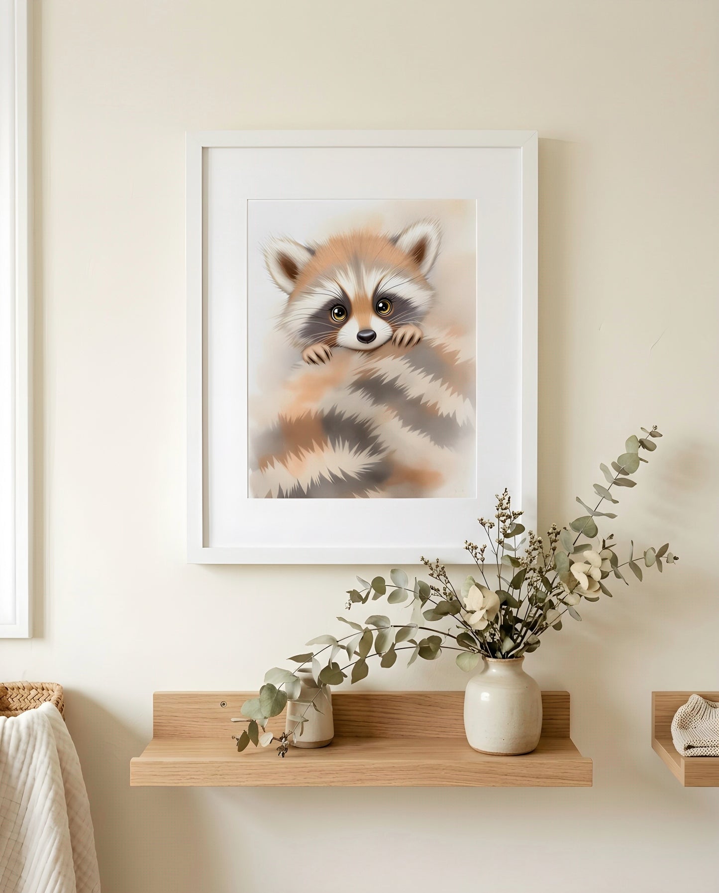 Nursery Minimal Raccoon Watercolor Printable Wall Art — close-up on a shelf alongside small ornaments