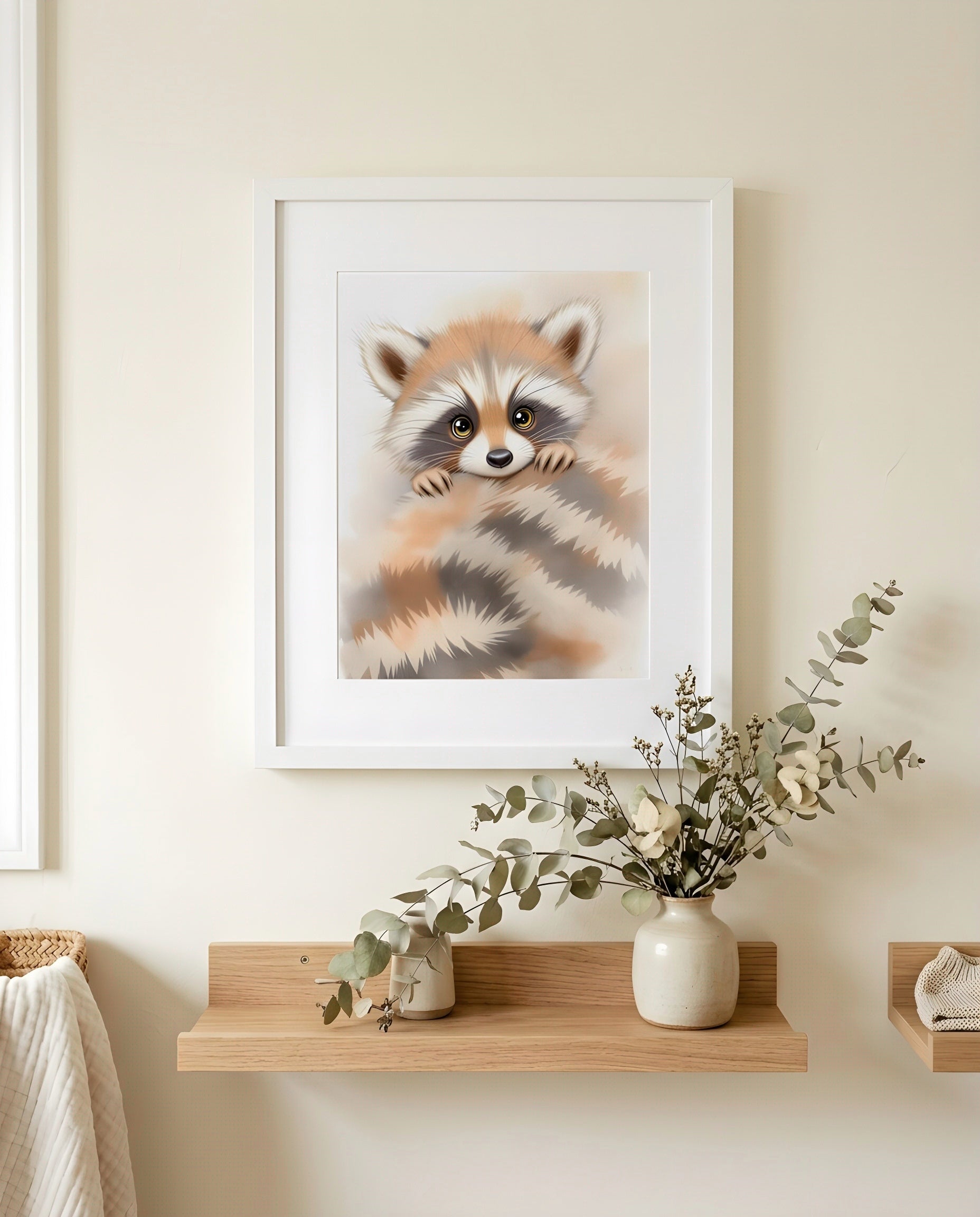 Nursery Minimal Raccoon Watercolor Printable Wall Art — close-up on a shelf alongside small ornaments