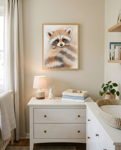 Nursery Minimal Raccoon Watercolor Printable Wall Art — hung above a dresser on a warm-toned wall