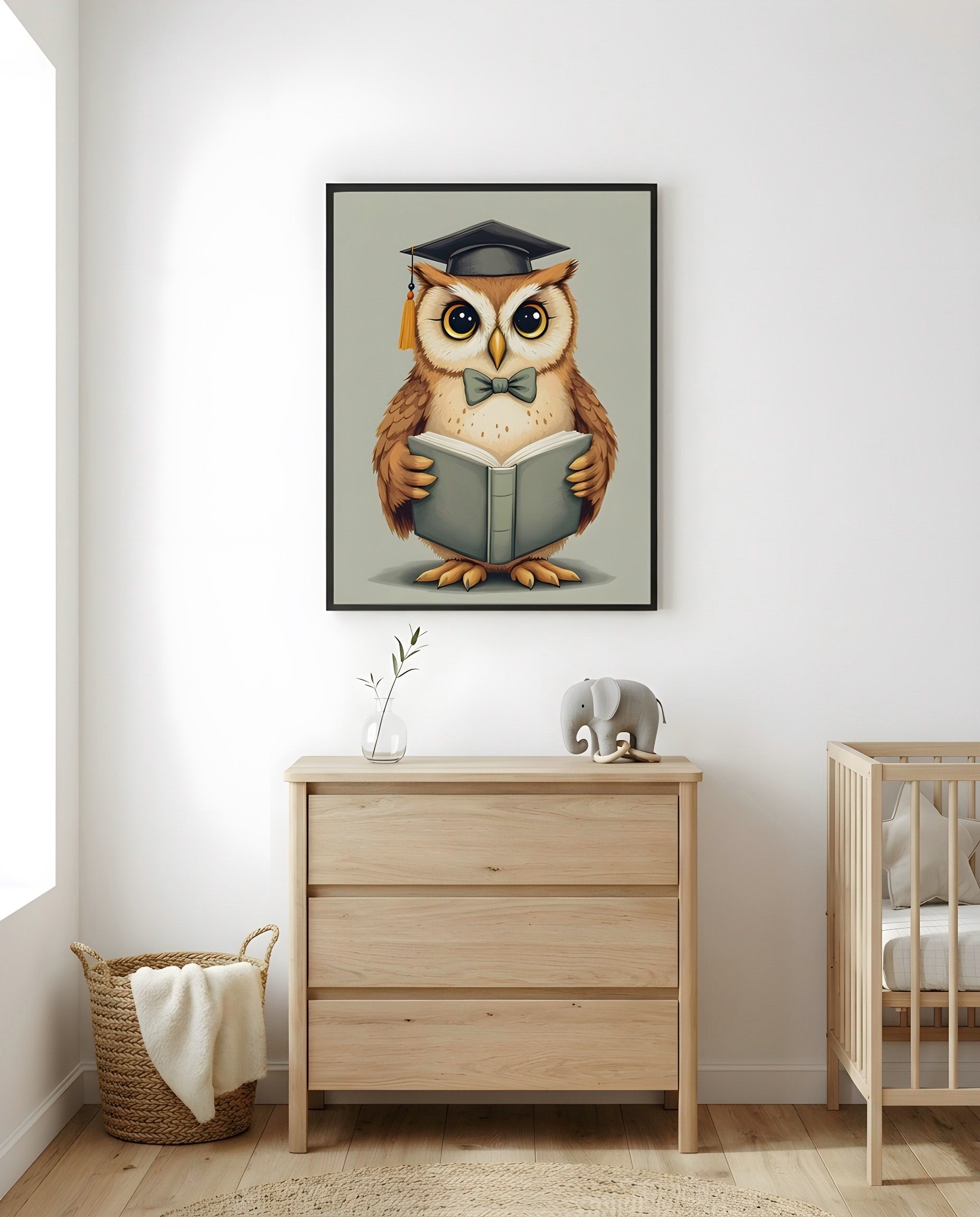 Nursery Owl Scholar Retro Art Printable Wall Art — framed in white on a neutral wall