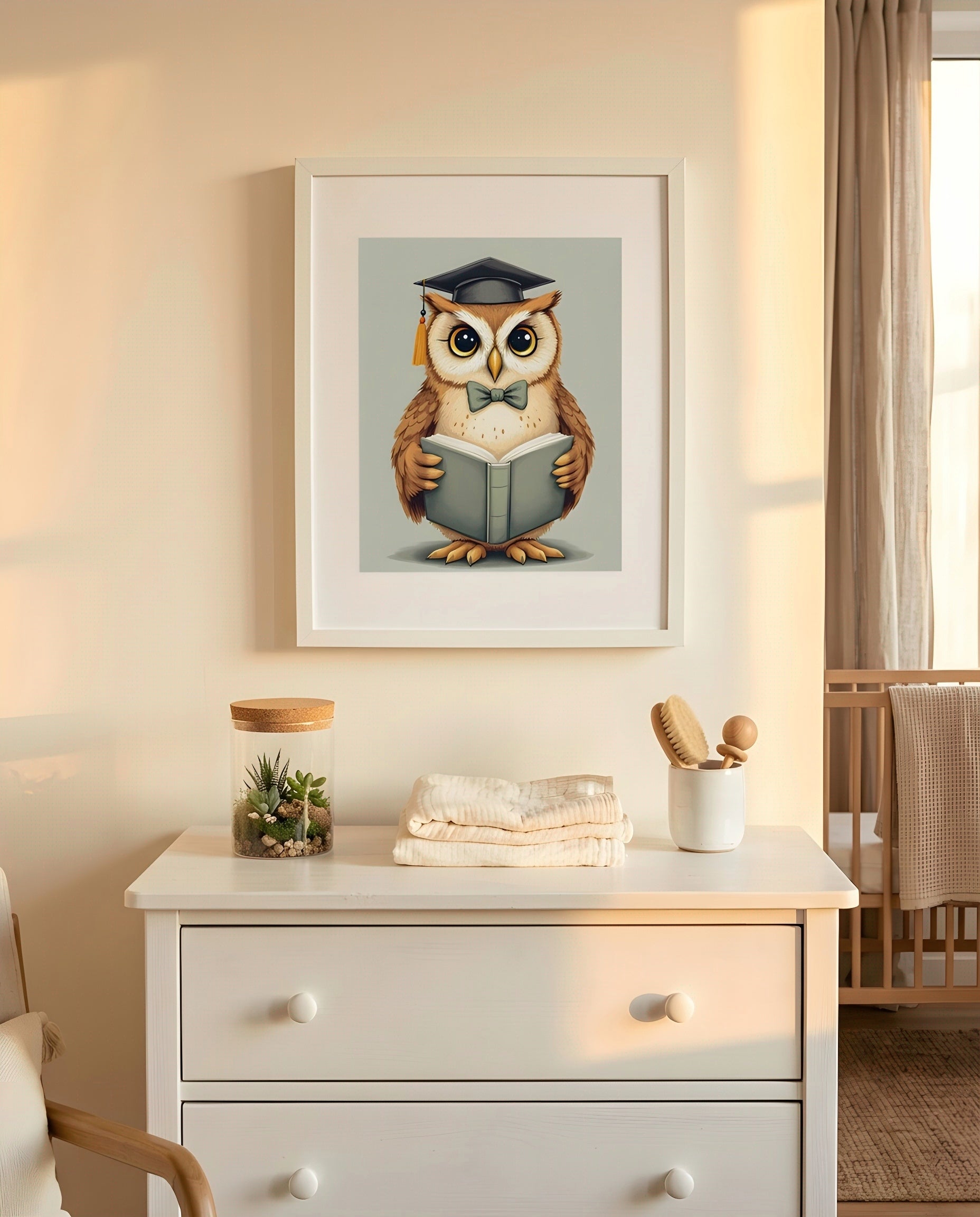 Nursery Owl Scholar Retro Art Printable Wall Art — hung above a dresser on a warm-toned wall