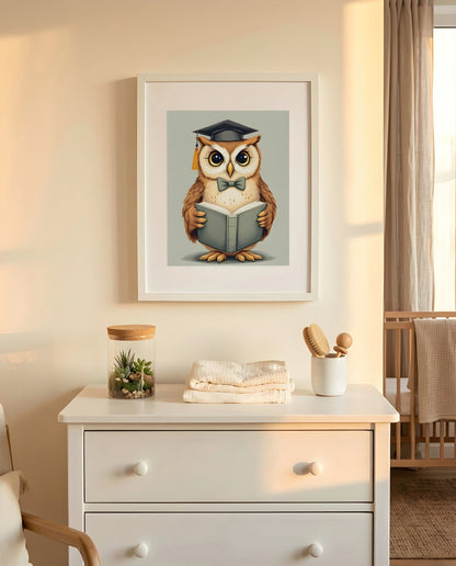 Nursery Owl Scholar Retro Art Printable Wall Art — hung above a dresser on a warm-toned wall
