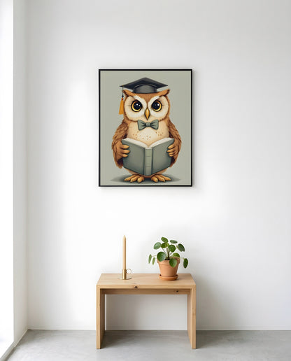 Nursery Owl Scholar Retro Art Printable Wall Art — displayed in a styled room corner