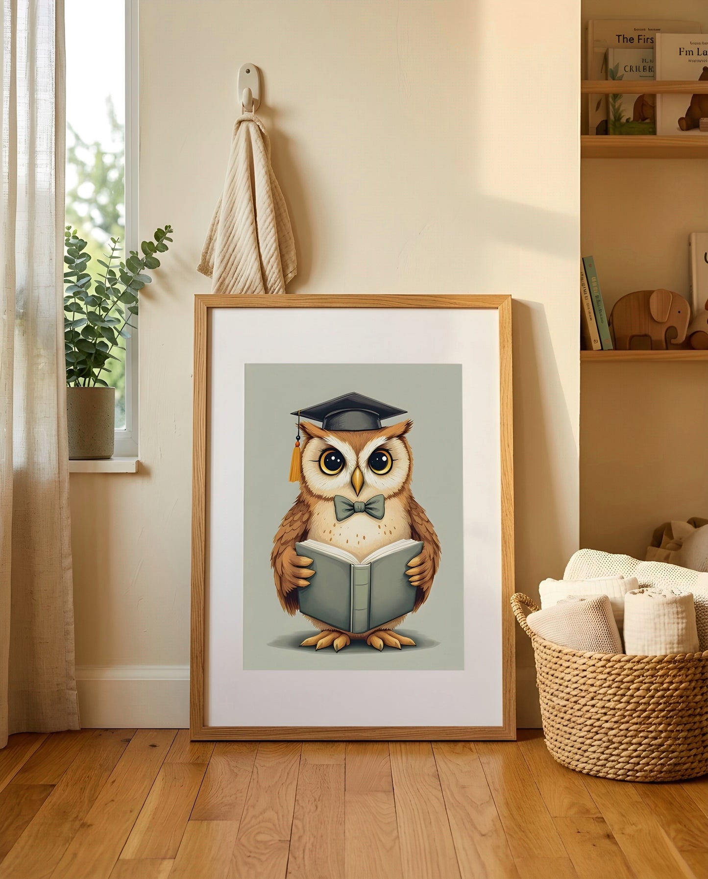 Nursery Owl Scholar Retro Art Printable Wall Art — leaning against a light wall in a styled setting