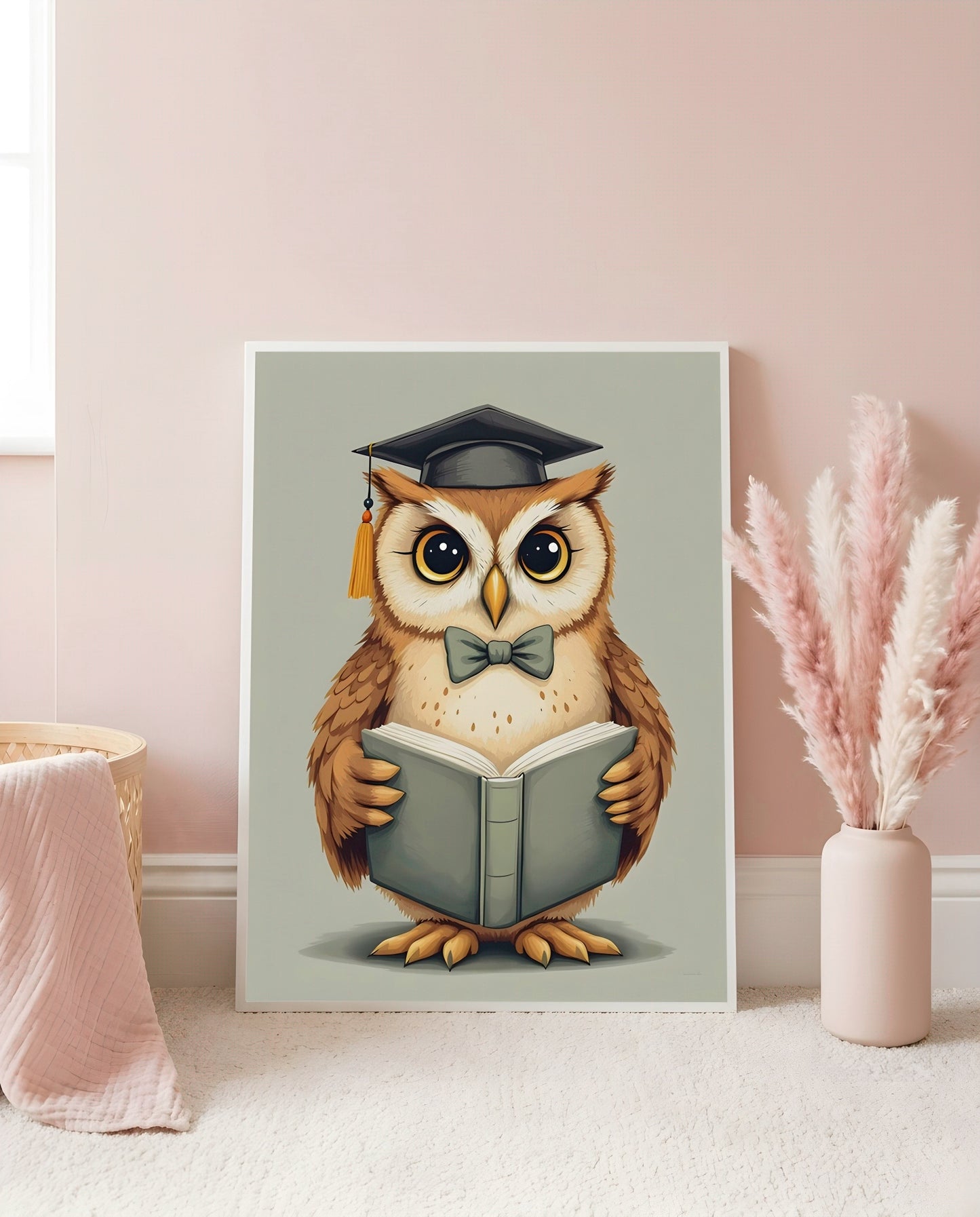 Nursery Owl Scholar Retro Art Printable Wall Art — leaning against a light wall in a styled setting