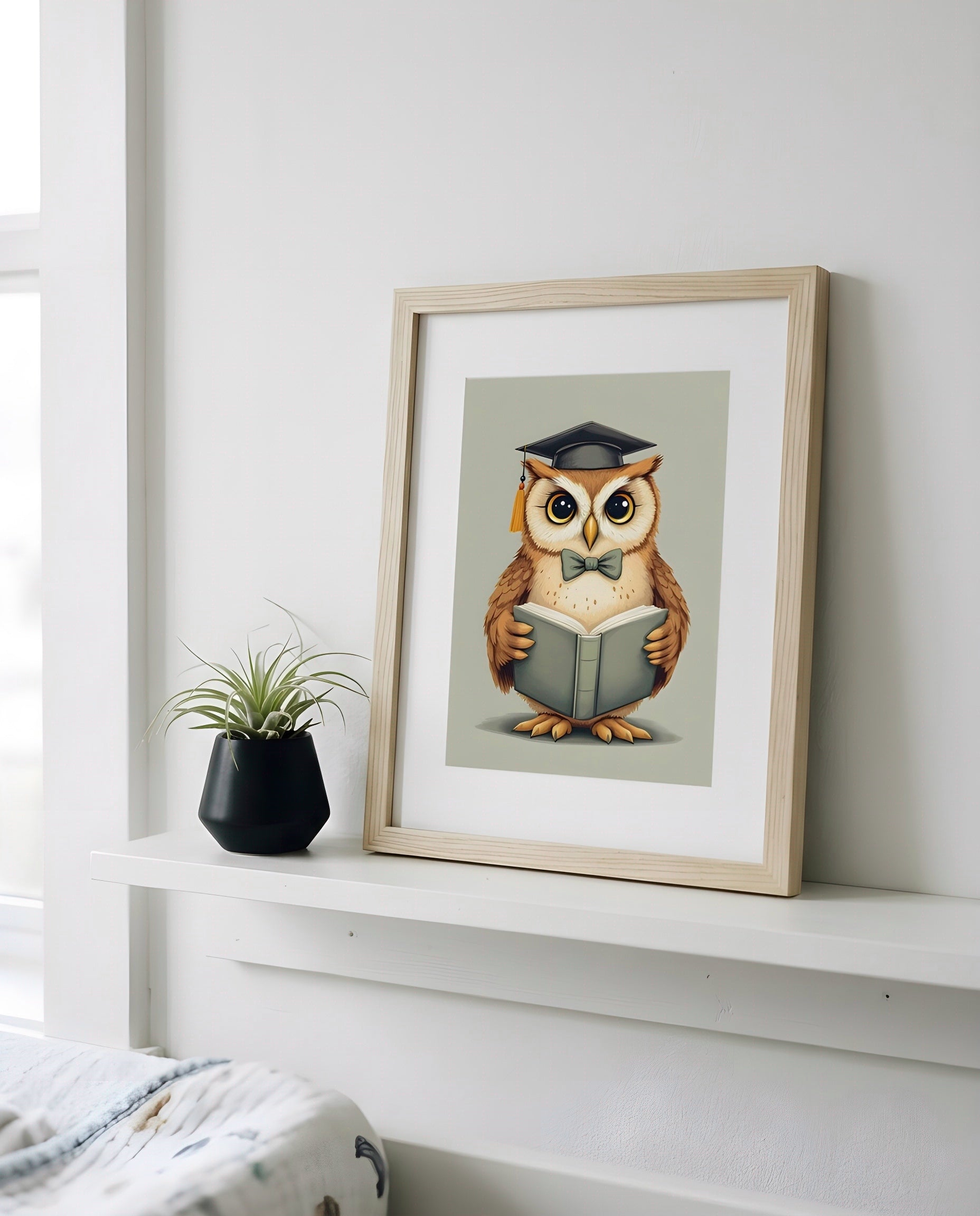 Nursery Owl Scholar Retro Art Printable Wall Art — propped on a shelf with decor