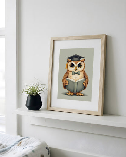 Nursery Owl Scholar Retro Art Printable Wall Art — propped on a shelf with decor