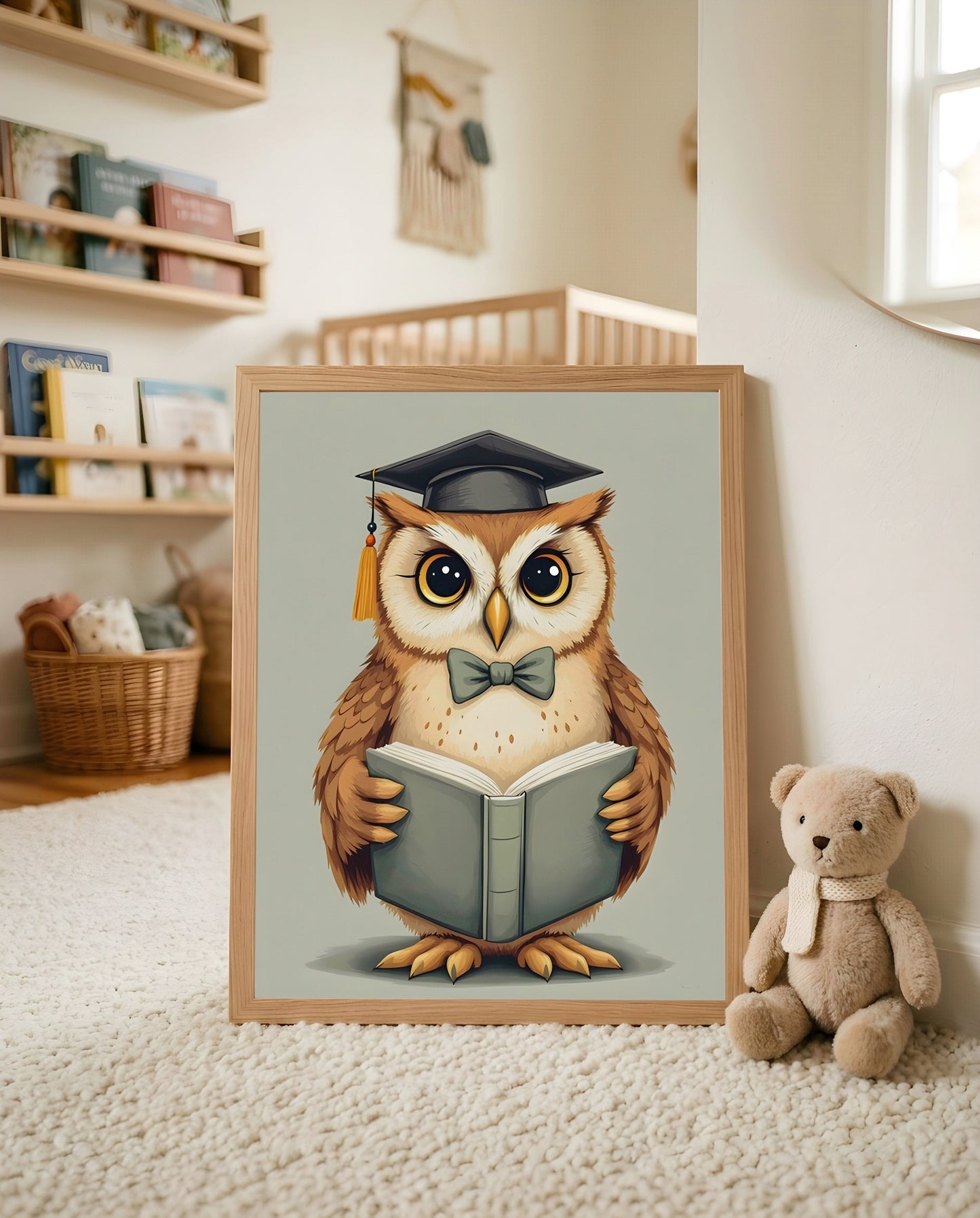 Nursery Owl Scholar Retro Art Printable Wall Art — leaning against a wall in a minimal clean setting