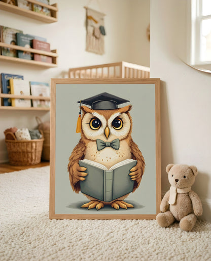 Nursery Owl Scholar Retro Art Printable Wall Art — leaning against a wall in a minimal clean setting