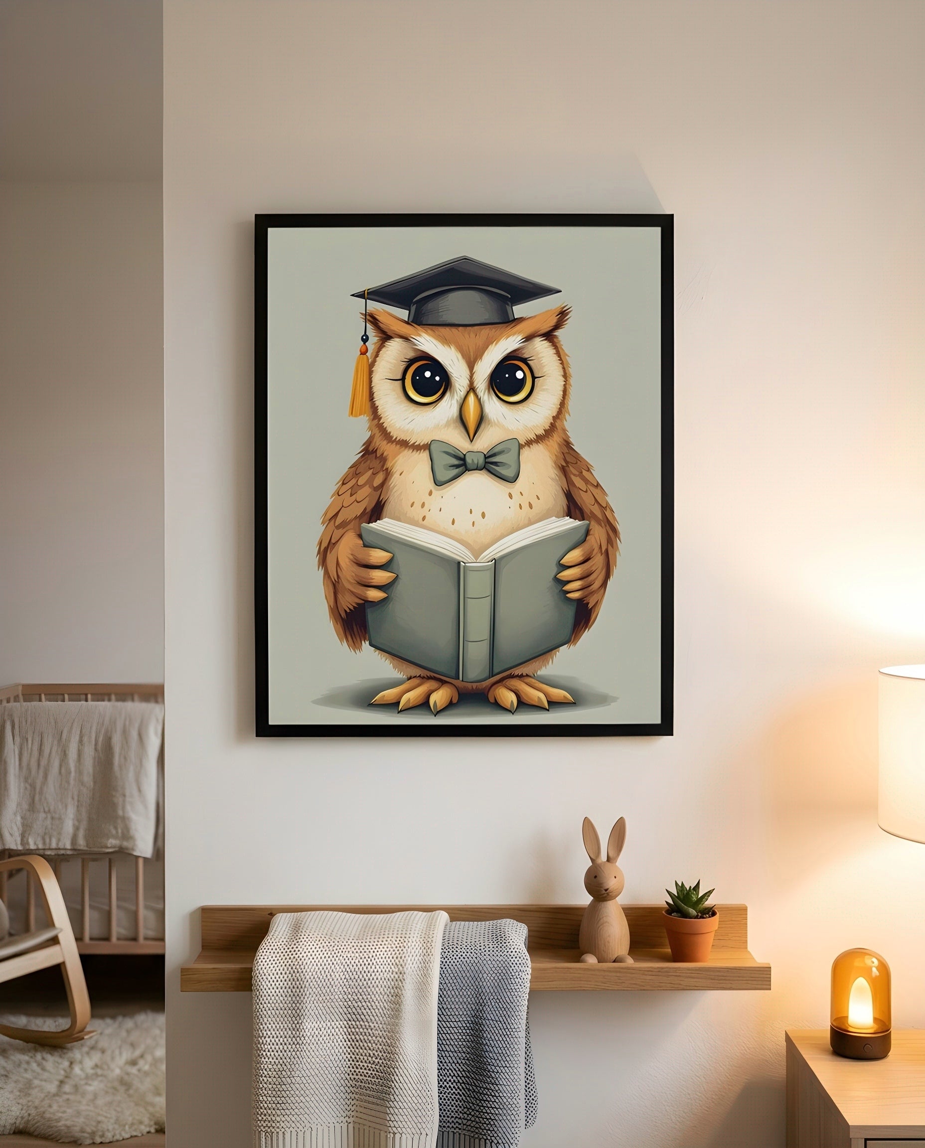 Nursery Owl Scholar Retro Art Printable Wall Art — displayed in a styled home setting