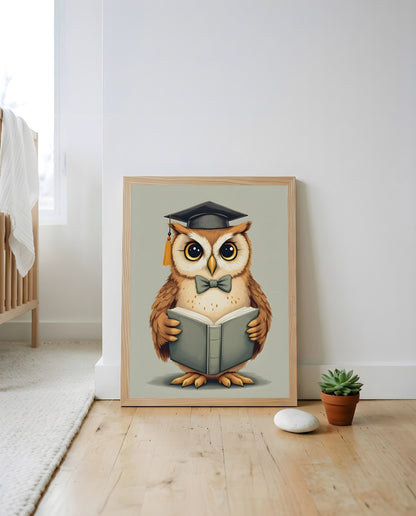 Nursery Owl Scholar Retro Art Printable Wall Art — leaning against a wall in a styled setting