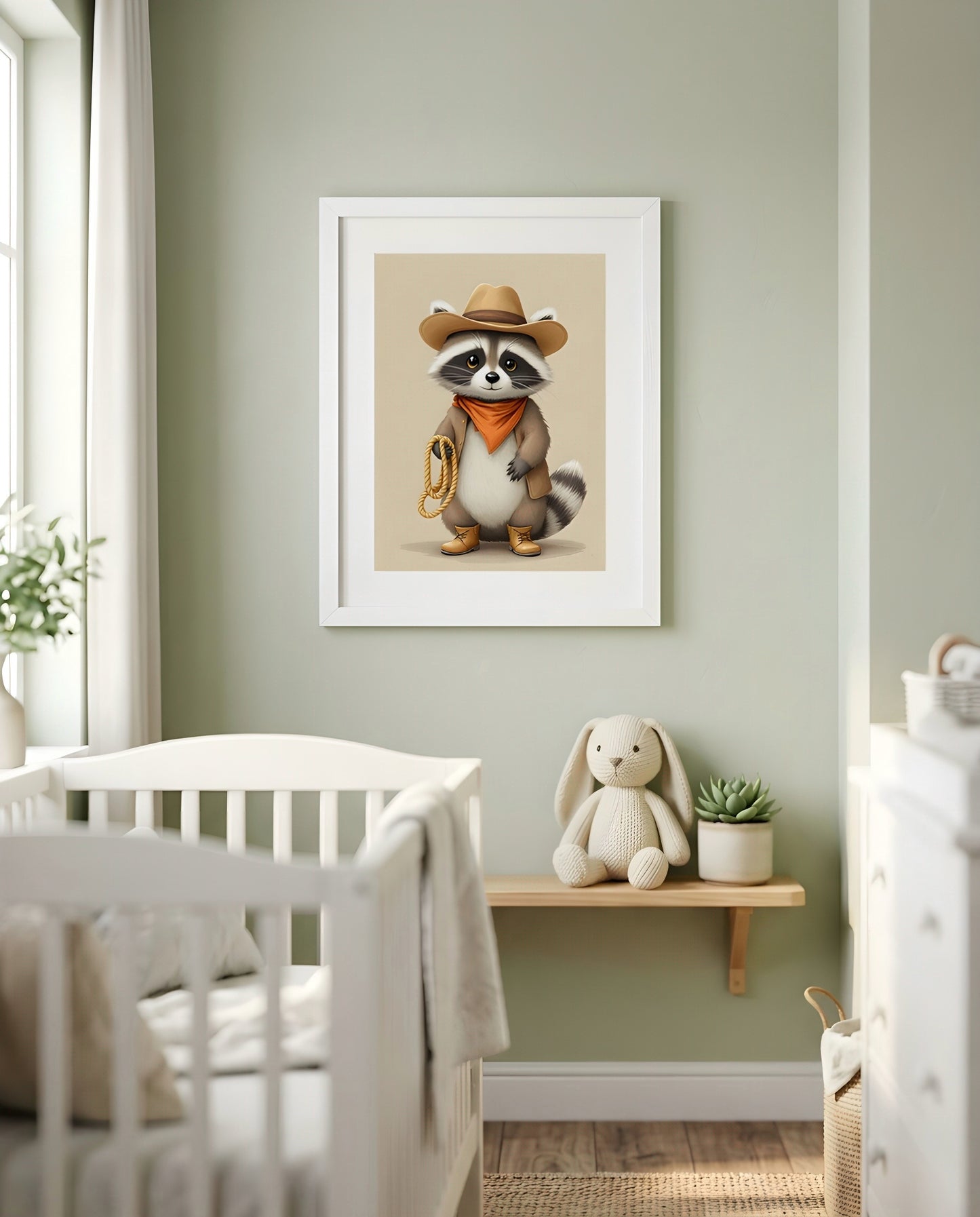 Nursery Raccoon Cowboy Retro Flat Illustration Printable Wall Art — framed in white on a neutral wall