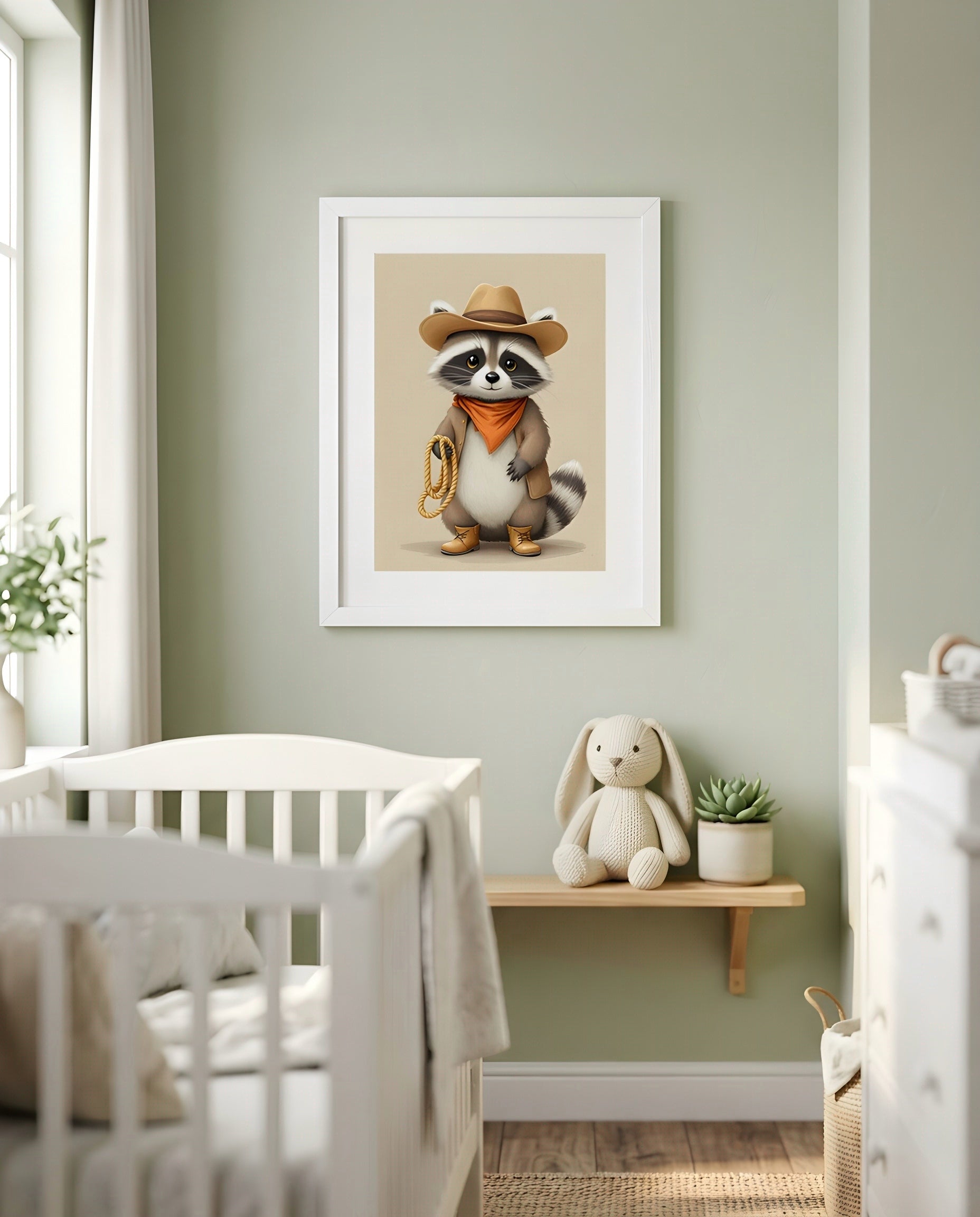 Nursery Raccoon Cowboy Retro Flat Illustration Printable Wall Art — framed in white on a neutral wall