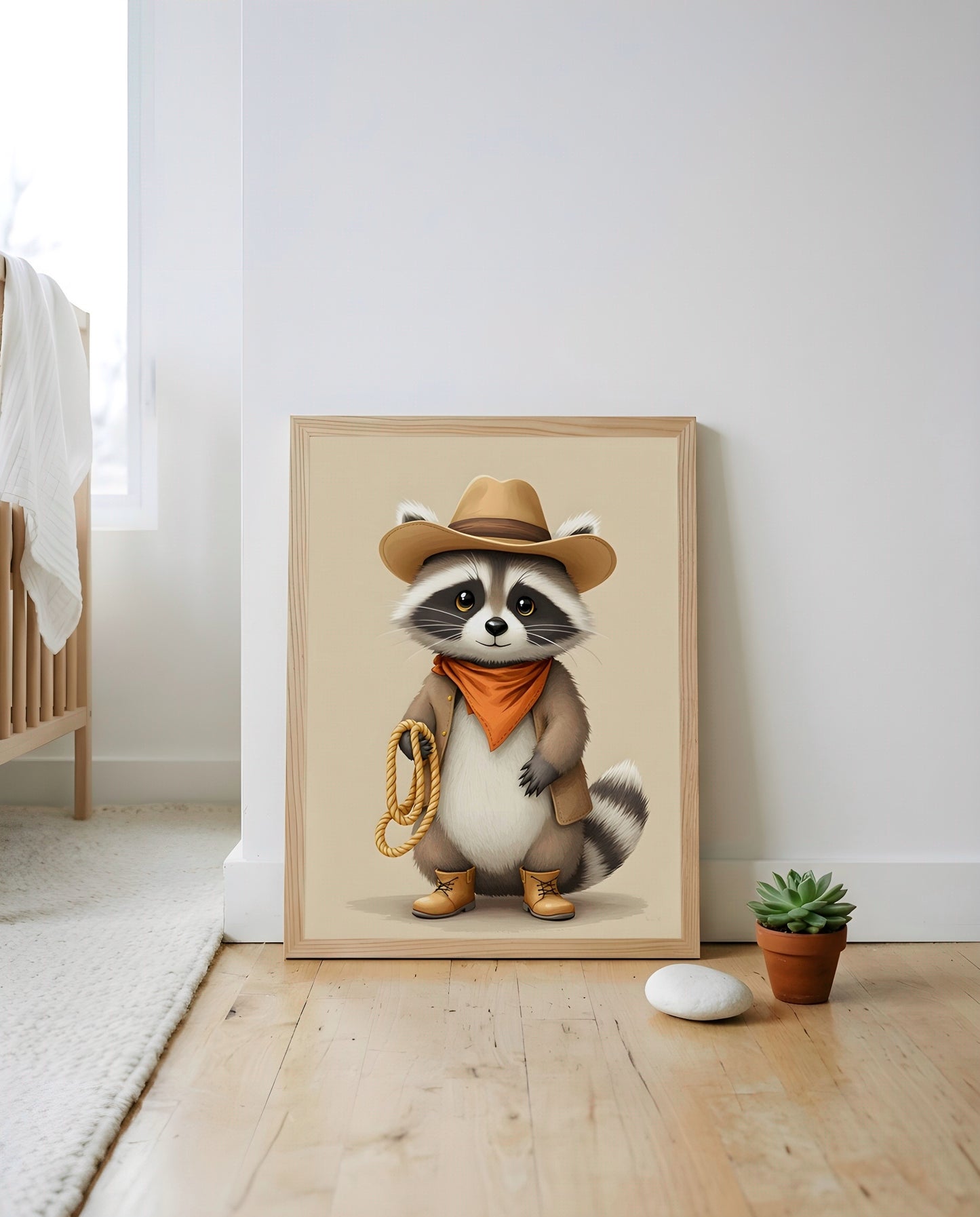 Nursery Raccoon Cowboy Retro Flat Illustration Printable Wall Art — leaning against a wall in a styled setting