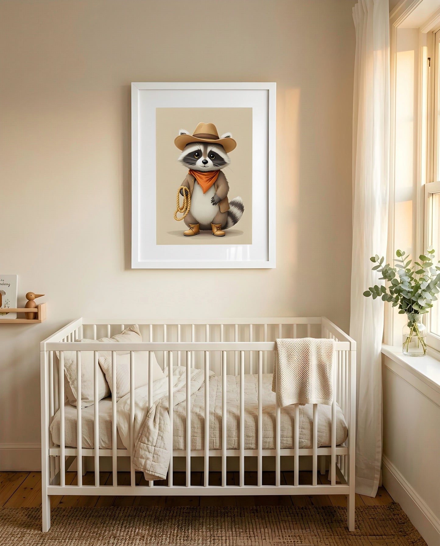 Nursery Raccoon Cowboy Retro Flat Illustration Printable Wall Art — framed above a crib in a softly lit nursery