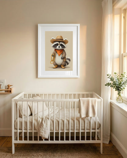 Nursery Raccoon Cowboy Retro Flat Illustration Printable Wall Art — framed above a crib in a softly lit nursery