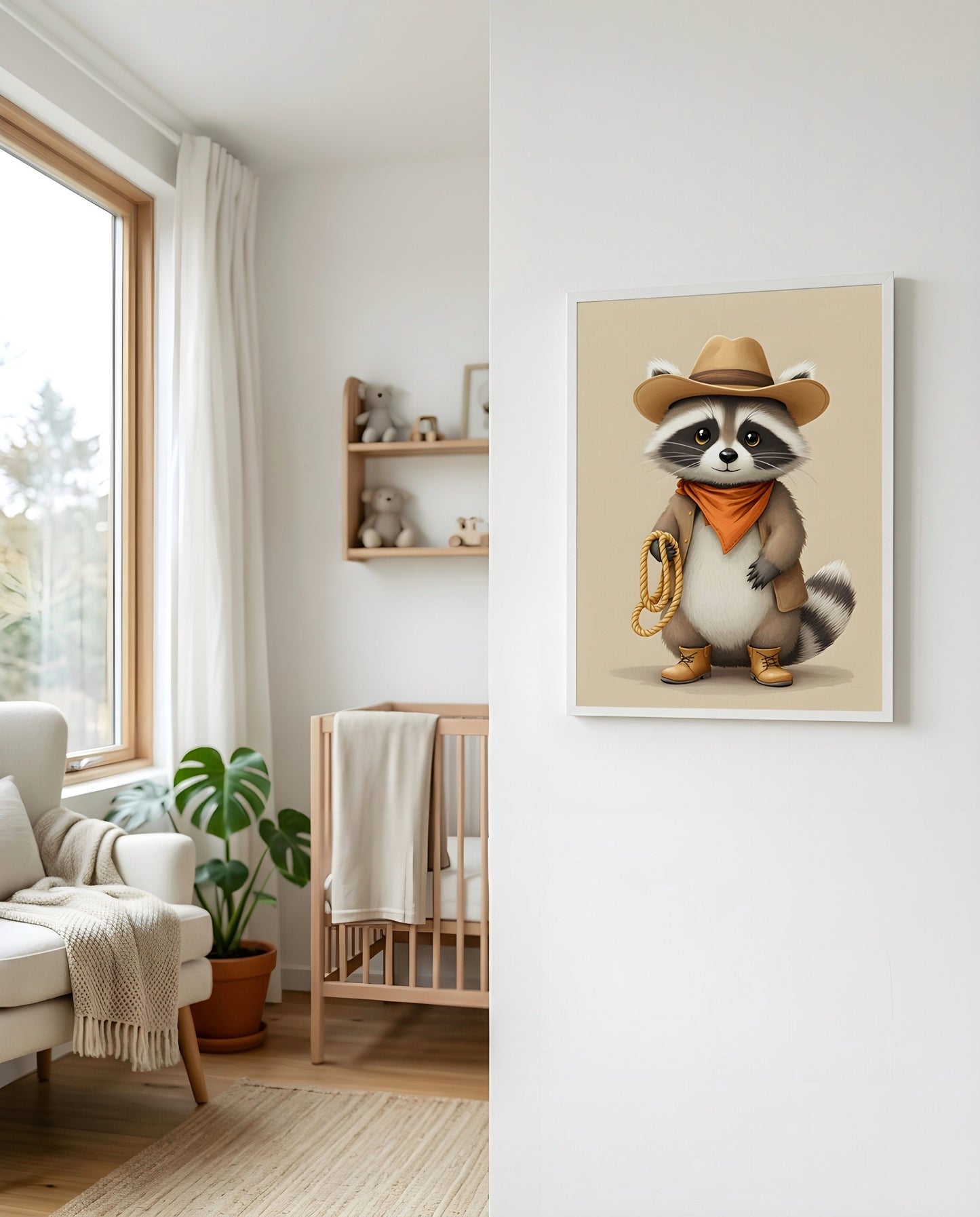 Nursery Raccoon Cowboy Retro Flat Illustration Printable Wall Art — displayed beside a window in warm natural light