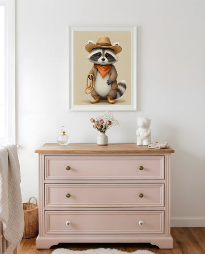 Nursery Raccoon Cowboy Retro Flat Illustration Printable Wall Art — hung above a dresser on a warm-toned wall
