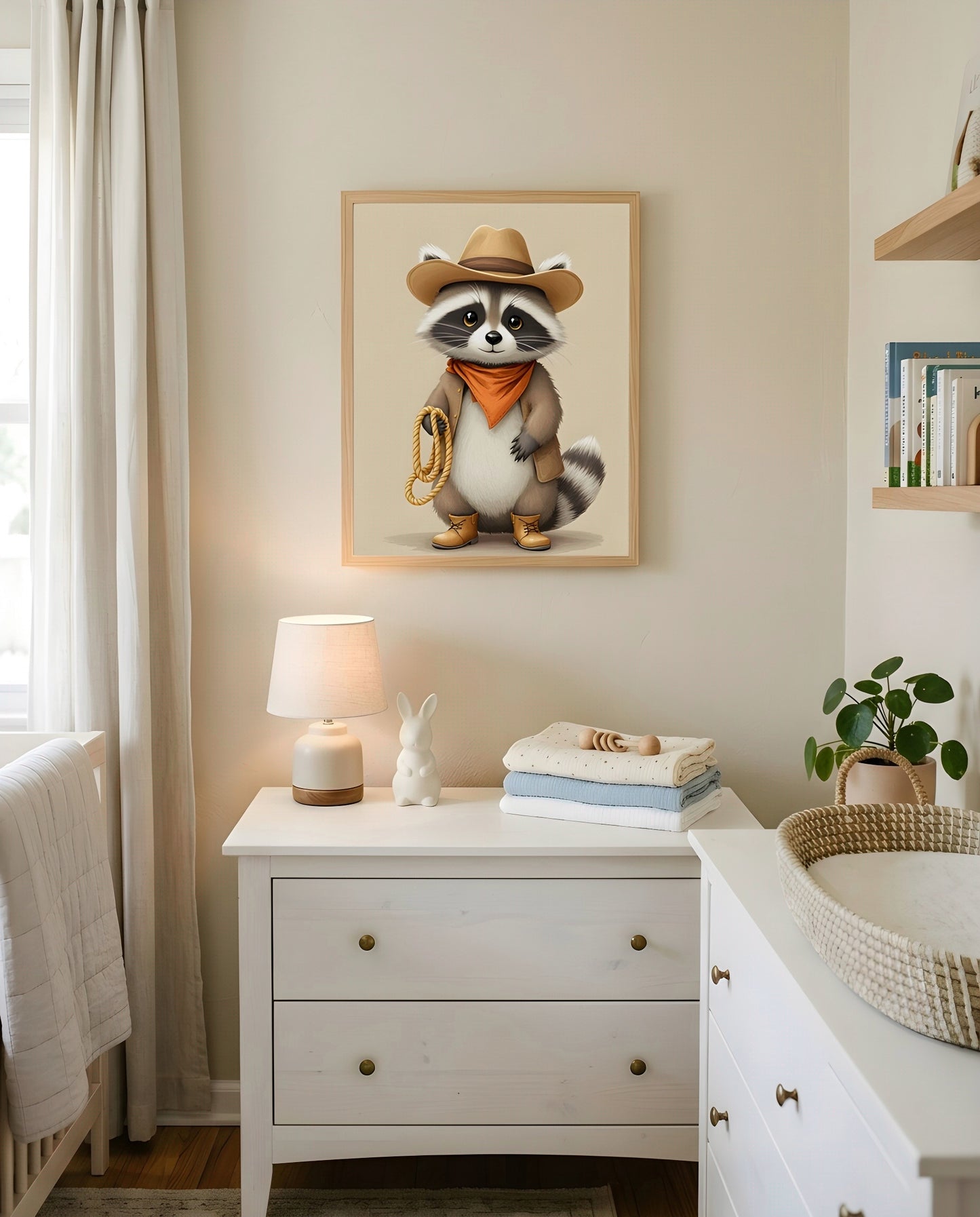 Nursery Raccoon Cowboy Retro Flat Illustration Printable Wall Art — hung above a dresser on a warm-toned wall