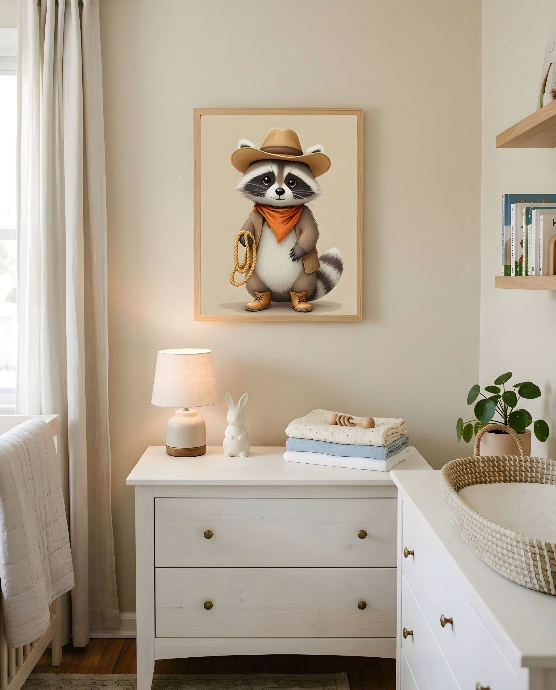 Nursery Raccoon Cowboy Retro Flat Illustration Printable Wall Art — hung above a dresser on a warm-toned wall