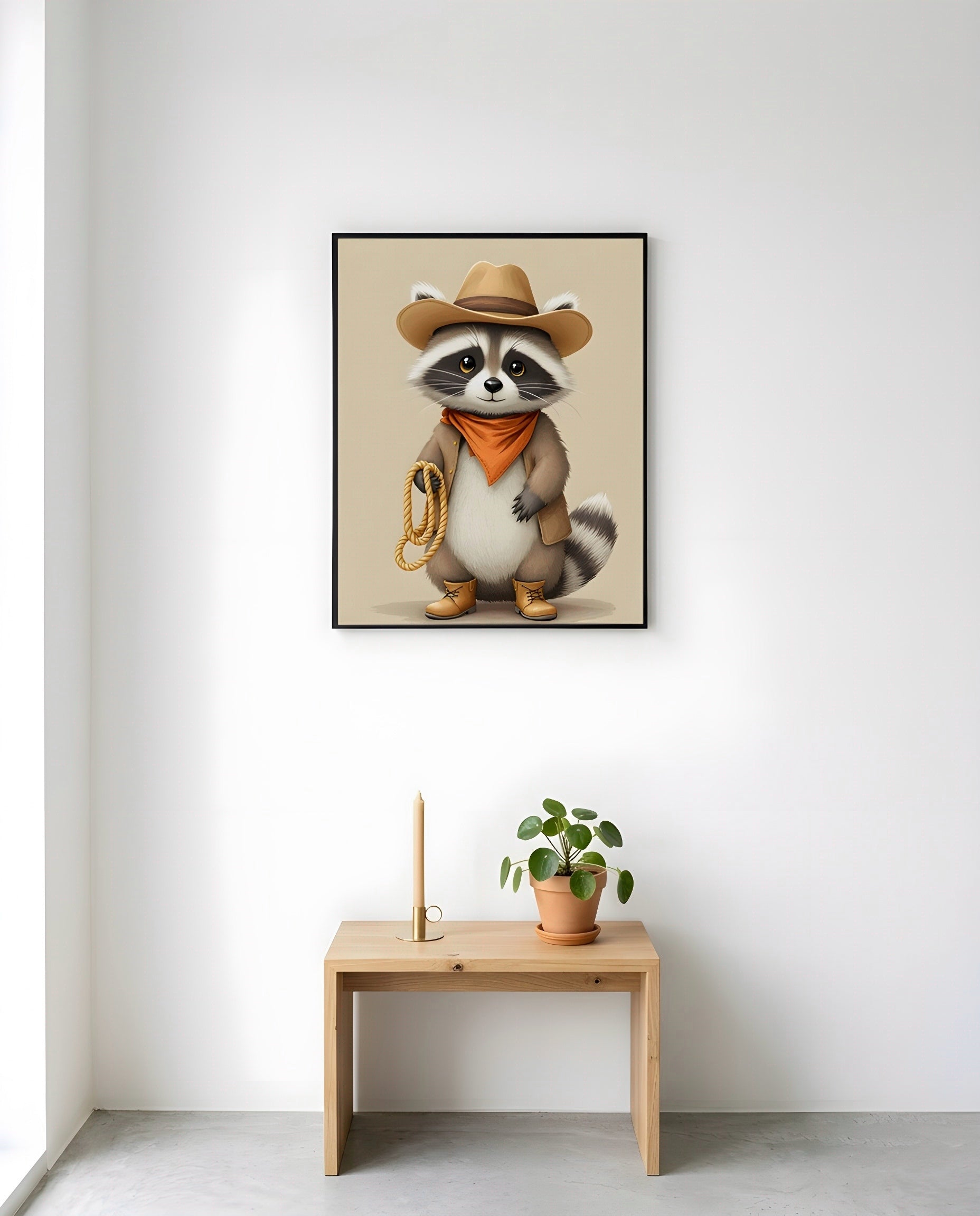 Nursery Raccoon Cowboy Retro Flat Illustration Printable Wall Art — displayed in a styled room corner
