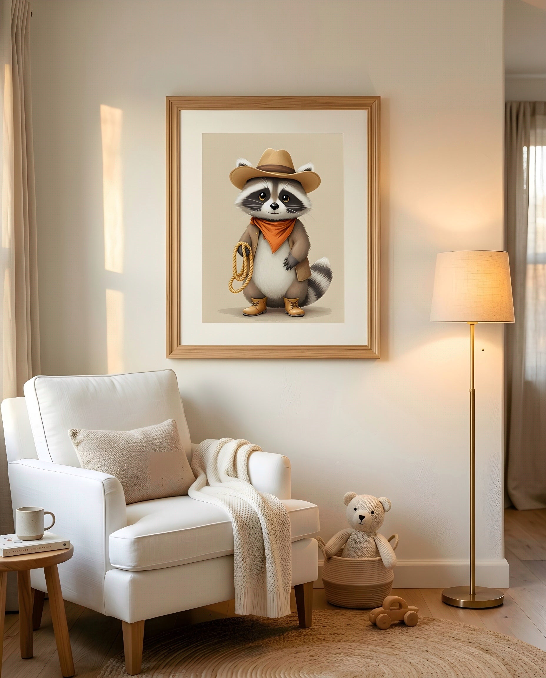 Nursery Raccoon Cowboy Retro Flat Illustration Printable Wall Art — displayed in a styled room corner