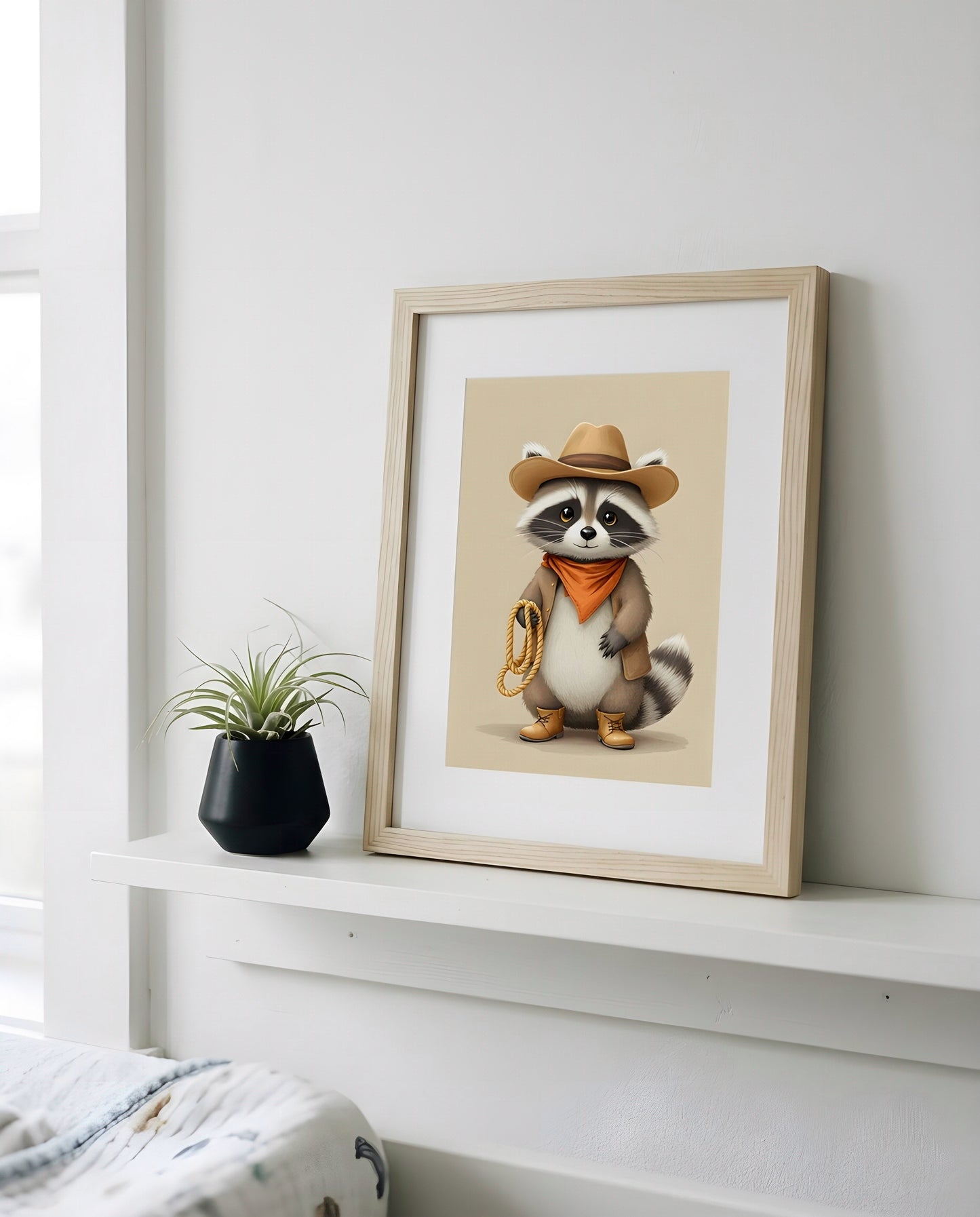 Nursery Raccoon Cowboy Retro Flat Illustration Printable Wall Art — propped on a shelf with decor