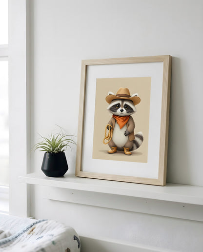 Nursery Raccoon Cowboy Retro Flat Illustration Printable Wall Art — propped on a shelf with decor