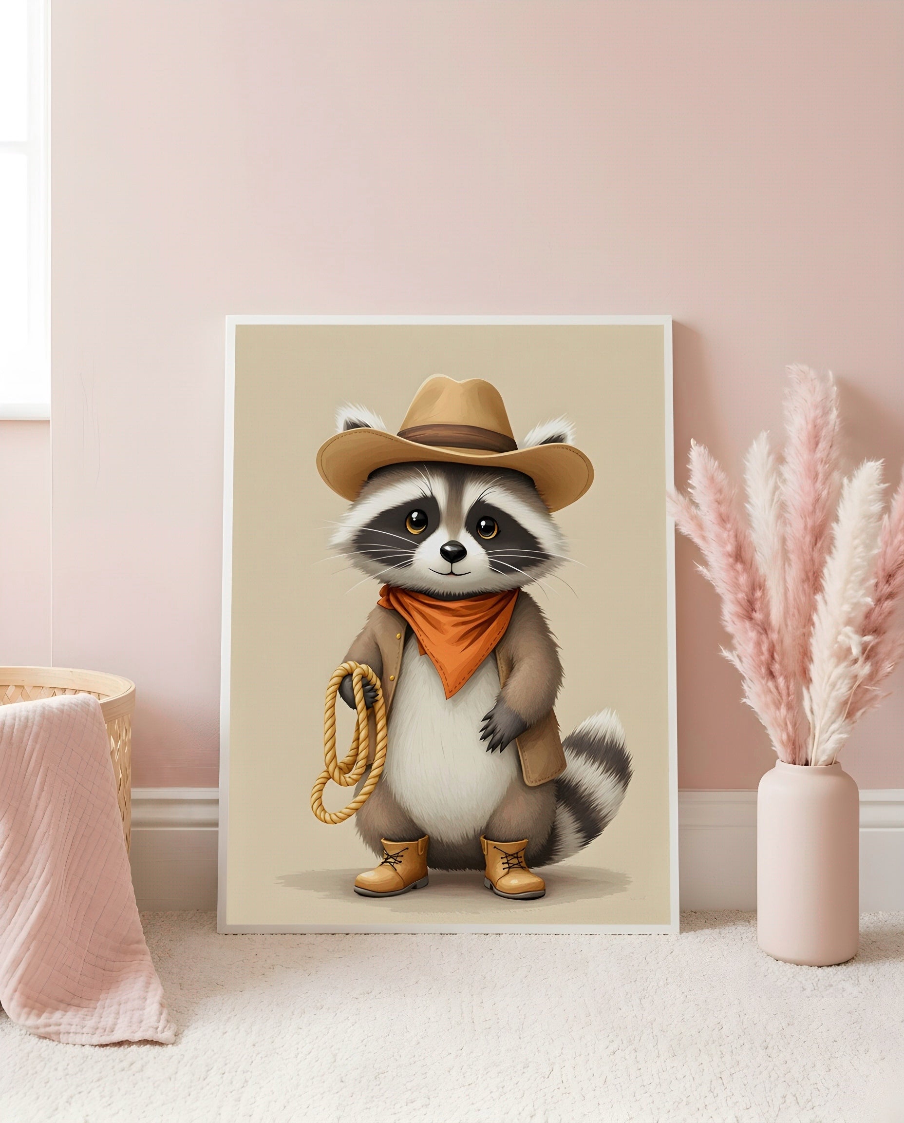 Nursery Raccoon Cowboy Retro Flat Illustration Printable Wall Art — leaning against a light wall in a styled setting