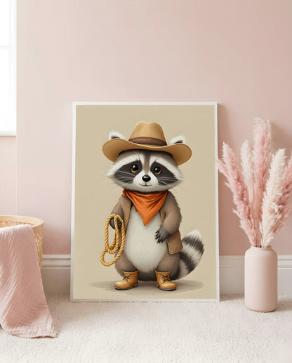 Nursery Raccoon Cowboy Retro Flat Illustration Printable Wall Art — leaning against a light wall in a styled setting