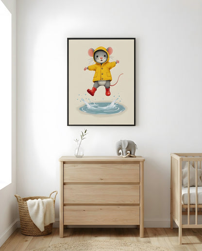 Nursery Retro Flat Character Mouse Puddle Jump Printable Wall Art — framed in white on a neutral wall