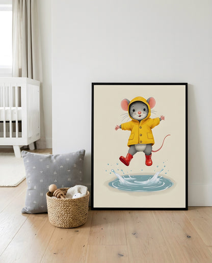 Nursery Retro Flat Character Mouse Puddle Jump Printable Wall Art — displayed in a styled home setting