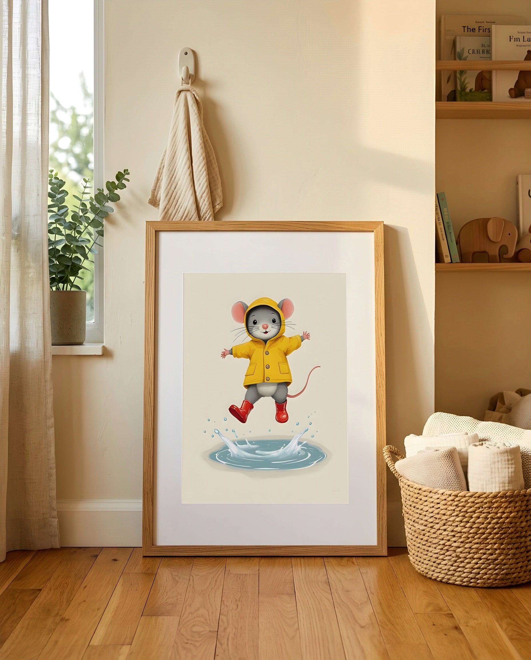 Nursery Retro Flat Character Mouse Puddle Jump Printable Wall Art — leaning against a light wall in a styled setting