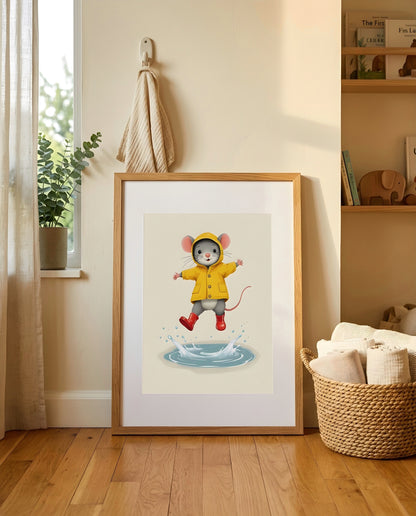 Nursery Retro Flat Character Mouse Puddle Jump Printable Wall Art — leaning against a light wall in a styled setting