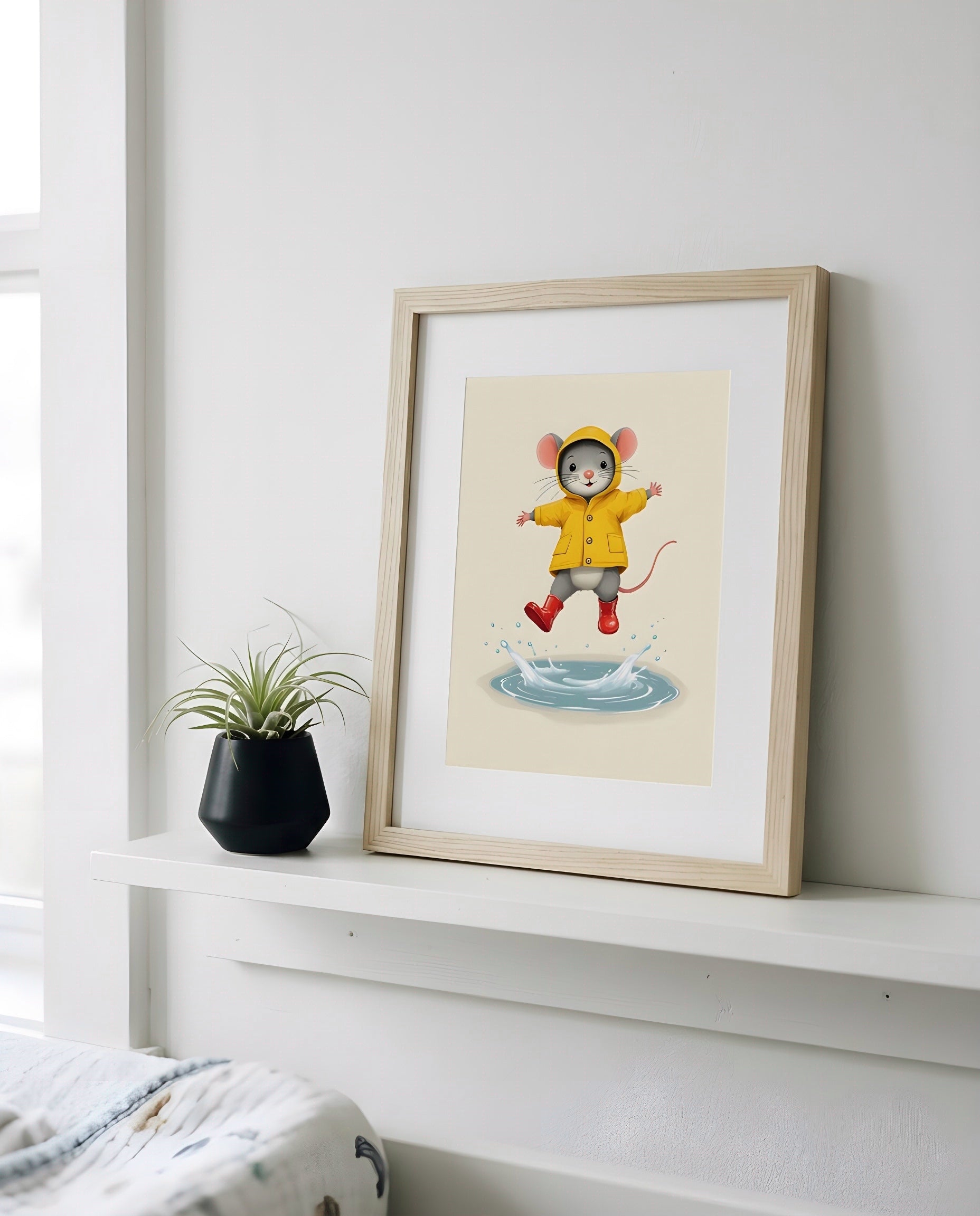 Nursery Retro Flat Character Mouse Puddle Jump Printable Wall Art — propped on a shelf with decor